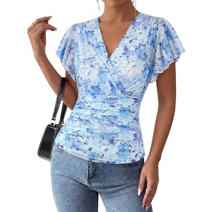 GRACE KARIN 2026 Womens Mesh Tops Dressy Casual Boho Blouses | V Neck, Short Sleeve, Ruffle Sleeve, Wrap, Ruch, Floral, Work, Business, Office, Dating, Party(Blue Floral)