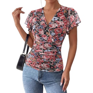 GRACE KARIN 2026 Womens Mesh Tops Dressy Casual Boho Blouses | V Neck, Short Sleeve, Ruffle Sleeve, Wrap, Ruch, Floral, Work, Business, Office, Dating, Party(Floral)