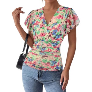 GRACE KARIN 2026 Womens Mesh Tops Dressy Casual Boho Blouses | V Neck, Short Sleeve, Ruffle Sleeve, Wrap, Ruch, Floral, Work, Business, Office, Dating, Party(Green Pink)