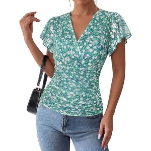 GRACE KARIN 2026 Womens Mesh Tops Dressy Casual Boho Blouses | V Neck, Short Sleeve, Ruffle Sleeve, Wrap, Ruch, Floral, Work, Business, Office, Dating, Party(Green White)