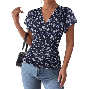 GRACE KARIN 2026 Womens Mesh Tops Dressy Casual Boho Blouses | V Neck, Short Sleeve, Ruffle Sleeve, Wrap, Ruch, Floral, Work, Business, Office, Dating, Party(Navy Floral)