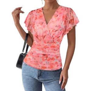 GRACE KARIN 2026 Womens Mesh Tops Dressy Casual Boho Blouses | V Neck, Short Sleeve, Ruffle Sleeve, Wrap, Ruch, Floral, Work, Business, Office, Dating, Party(Orange)