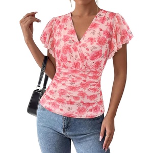 GRACE KARIN 2026 Womens Mesh Tops Dressy Casual Boho Blouses | V Neck, Short Sleeve, Ruffle Sleeve, Wrap, Ruch, Floral, Work, Business, Office, Dating, Party(Pink Red)