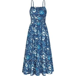 GRACE KARIN Summer Dresses for Women 2026 Vacation Boho Maxi Sundress | Casual, Smocked Waist, Floral Printed, Spaghetti Strap, Sleeveless, Beach Dresses With Pockets, Fashion Outfits(Dark Blue)