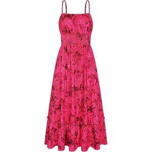 GRACE KARIN Summer Dresses for Women 2026 Vacation Boho Maxi Sundress | Casual, Smocked Waist, Floral Printed, Spaghetti Strap, Sleeveless, Beach Dresses With Pockets, Fashion Outfits(Rose Red)