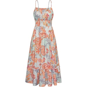 GRACE KARIN Summer Dresses for Women 2026 Vacation Boho Maxi Sundress | Casual, Smocked Waist, Floral Printed, Spaghetti Strap, Sleeveless, Beach Dresses With Pockets, Fashion Outfits(Blue Paisley Floral)