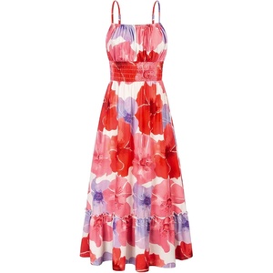 GRACE KARIN Summer Dresses for Women 2026 Vacation Boho Maxi Sundress | Casual, Smocked Waist, Floral Printed, Spaghetti Strap, Sleeveless, Beach Dresses With Pockets, Fashion Outfits(Red Floral)