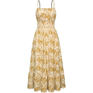 GRACE KARIN Summer Dresses for Women 2026 Vacation Boho Maxi Sundress | Casual, Smocked Waist, Floral Printed, Spaghetti Strap, Sleeveless, Beach Dresses With Pockets, Fashion Outfits(Yellow Leaves)