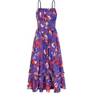 GRACE KARIN Summer Dresses for Women 2026 Vacation Boho Maxi Sundress | Casual, Smocked Waist, Floral Printed, Spaghetti Strap, Sleeveless, Beach Dresses With Pockets, Fashion Outfits(Blue Red)