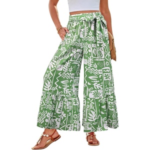 GRACE KARIN Wome Palazzo Wide Leg Pants Summer Boho Flowy Beach Trousers | Belted,Pockest,Elastic High Waisted,Pull On,A-line Flare,Printed,Travel,Comfy,Vacation,Hawaii,Honeymoon(Green Floral)