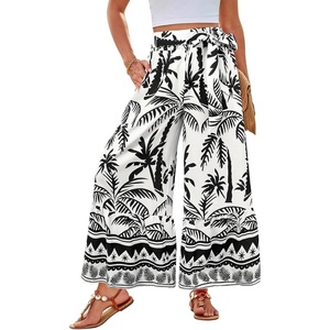 GRACE KARIN Wome Palazzo Wide Leg Pants Summer Boho Flowy Beach Trousers | Belted,Pockest,Elastic High Waisted,Pull On,A-line Flare,Printed,Travel,Comfy,Vacation,Hawaii,Honeymoon(White Floral)