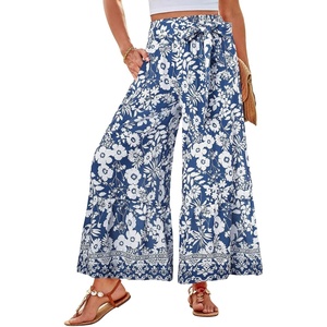 GRACE KARIN Wome Palazzo Wide Leg Pants Summer Boho Flowy Beach Trousers | Belted,Pockest,Elastic High Waisted,Pull On,A-line Flare,Printed,Travel,Comfy,Vacation,Hawaii,Honeymoon(Blue Floral)