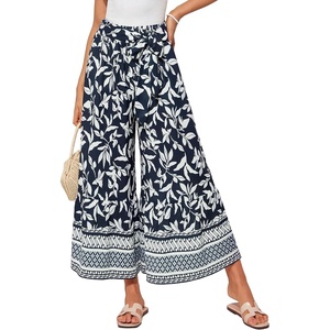 GRACE KARIN Wome Palazzo Wide Leg Pants Summer Boho Flowy Beach Trousers | Belted,Pockest,Elastic High Waisted,Pull On,A-line Flare,Printed,Travel,Comfy,Vacation,Hawaii,Honeymoon(Navy Floral)