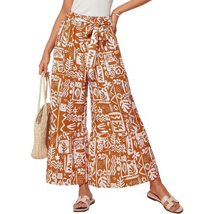 GRACE KARIN Wome Palazzo Wide Leg Pants Summer Boho Flowy Beach Trousers | Belted,Pockest,Elastic High Waisted,Pull On,A-line Flare,Printed,Travel,Comfy,Vacation,Hawaii,Honeymoon(Orange Floral)