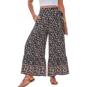 GRACE KARIN Wome Palazzo Wide Leg Pants Summer Boho Flowy Beach Trousers | Belted,Pockest,Elastic High Waisted,Pull On,A-line Flare,Printed,Travel,Comfy,Vacation,Hawaii,Honeymoon(Black Tiny Floral)