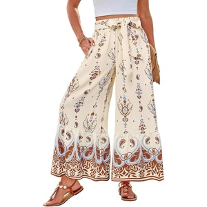 GRACE KARIN Wome Palazzo Wide Leg Pants Summer Boho Flowy Beach Trousers | Belted,Pockest,Elastic High Waisted,Pull On,A-line Flare,Printed,Travel,Comfy,Vacation,Hawaii,Honeymoon(Beige Floral)