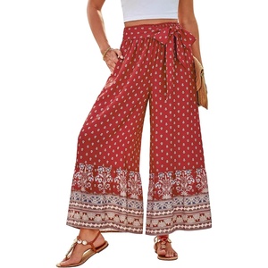 GRACE KARIN Wome Palazzo Wide Leg Pants Summer Boho Flowy Beach Trousers | Belted,Pockest,Elastic High Waisted,Pull On,A-line Flare,Printed,Travel,Comfy,Vacation,Hawaii,Honeymoon(Red Dots)