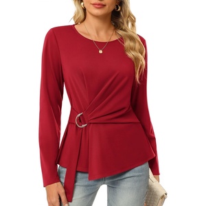 GRACE KARIN Women Long Sleeve Peplum Top, Dressy Casual Shirt | 2026 Summer Work Shirts, Slim Fit Business Tunic Blouses with Belt, Trendy Fashion Clothes(Red)