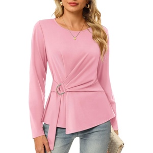 GRACE KARIN Women Long Sleeve Peplum Top, Dressy Casual Shirt | 2026 Summer Work Shirts, Slim Fit Business Tunic Blouses with Belt, Trendy Fashion Clothes(Pink)