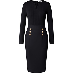 GRACE KARIN Women’s 2026 Fall Long Sleeve Work Midi Dress | Bodycon, Business Casual, Office Sheath, Church, Henley V Neck, Metal Button, Elegant, Ribbed Knit, Formal, Stretchy(Black)
