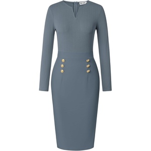GRACE KARIN Women’s 2026 Fall Long Sleeve Work Midi Dress | Bodycon, Business Casual, Office Sheath, Church, Henley V Neck, Metal Button, Elegant, Ribbed Knit, Formal, Stretchy(Grey Blue)