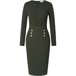 GRACE KARIN Women’s 2026 Fall Long Sleeve Work Midi Dress | Bodycon, Business Casual, Office Sheath, Church, Henley V Neck, Metal Button, Elegant, Ribbed Knit, Formal, Stretchy(Army Green)