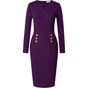 GRACE KARIN Women’s 2026 Fall Long Sleeve Work Midi Dress | Bodycon, Business Casual, Office Sheath, Church, Henley V Neck, Metal Button, Elegant, Ribbed Knit, Formal, Stretchy(Dark Purple)