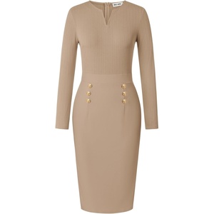 GRACE KARIN Women’s 2026 Fall Long Sleeve Work Midi Dress | Bodycon, Business Casual, Office Sheath, Church, Henley V Neck, Metal Button, Elegant, Ribbed Knit, Formal, Stretchy(Khaki)