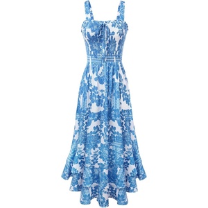 GRACE KARIN Women’s 2026 Summer Floral Boho Dresses | Square Neck Strapped Swing A Line Sundress, Long Maxi Beach Dress Outfits, Sleeveless Hawaiian Trendy Fashion Clothes(White Blue)