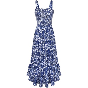 GRACE KARIN Women’s 2026 Summer Floral Boho Dresses | Square Neck Strapped Swing A Line Sundress, Long Maxi Beach Dress Outfits, Sleeveless Hawaiian Trendy Fashion Clothes(Dark Blue)