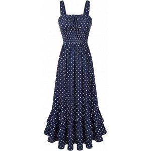 GRACE KARIN Women’s 2026 Summer Floral Boho Dresses | Square Neck Strapped Swing A Line Sundress, Long Maxi Beach Dress Outfits, Sleeveless Hawaiian Trendy Fashion Clothes(Navy Blue Dots)
