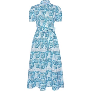 GRACE KARIN Women’s 2026 Summer Floral Maxi Dresses | 2 Pocket, Flowy, Bohemian, A Line, Tie Belt, Short Puff Sleeve, Shirt Collar, Lightweight, Vacation, Easter, Wedding Shower(White Blue)