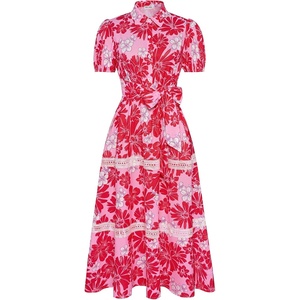 GRACE KARIN Women’s 2026 Summer Floral Maxi Dresses | 2 Pocket, Flowy, Bohemian, A Line, Tie Belt, Short Puff Sleeve, Shirt Collar, Lightweight, Vacation, Easter, Wedding Shower(Pink Red)