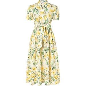 GRACE KARIN Women’s 2026 Summer Floral Maxi Dresses | 2 Pocket, Flowy, Bohemian, A Line, Tie Belt, Short Puff Sleeve, Shirt Collar, Lightweight, Vacation, Easter, Wedding Shower(Yellow Green)
