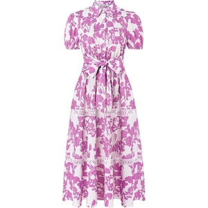 GRACE KARIN Women’s 2026 Summer Floral Maxi Dresses | 2 Pocket, Flowy, Bohemian, A Line, Tie Belt, Short Puff Sleeve, Shirt Collar, Lightweight, Vacation, Easter, Wedding Shower(White Purple)