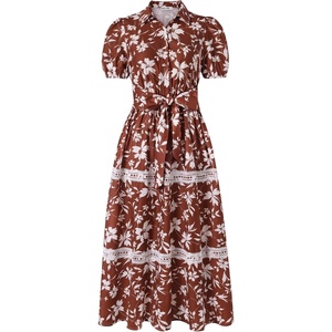 GRACE KARIN Women’s 2026 Summer Floral Maxi Dresses | 2 Pocket, Flowy, Bohemian, A Line, Tie Belt, Short Puff Sleeve, Shirt Collar, Lightweight, Vacation, Easter, Wedding Shower(Brown White)