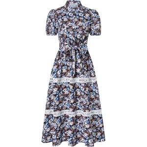 GRACE KARIN Women’s 2026 Summer Floral Maxi Dresses | 2 Pocket, Flowy, Bohemian, A Line, Tie Belt, Short Puff Sleeve, Shirt Collar, Lightweight, Vacation, Easter, Wedding Shower(Black Blue)
