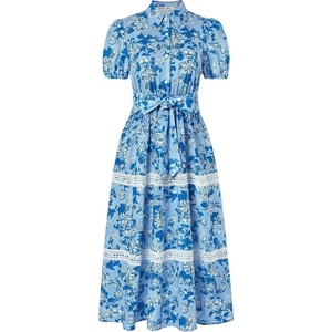 GRACE KARIN Women’s 2026 Summer Floral Maxi Dresses | 2 Pocket, Flowy, Bohemian, A Line, Tie Belt, Short Puff Sleeve, Shirt Collar, Lightweight, Vacation, Easter, Wedding Shower(Blue Floral)