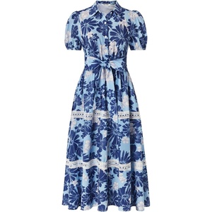 GRACE KARIN Women’s 2026 Summer Floral Maxi Dresses | 2 Pocket, Flowy, Bohemian, A Line, Tie Belt, Short Puff Sleeve, Shirt Collar, Lightweight, Vacation, Easter, Wedding Shower(Navy Flower)