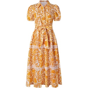 GRACE KARIN Women’s 2026 Summer Floral Maxi Dresses | 2 Pocket, Flowy, Bohemian, A Line, Tie Belt, Short Puff Sleeve, Shirt Collar, Lightweight, Vacation, Easter, Wedding Shower(White Orange)