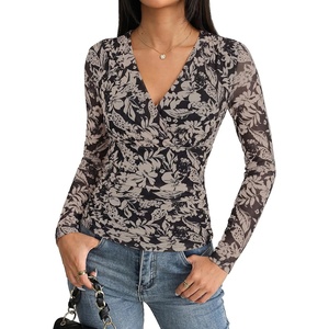 GRACE KARIN Womens Boho Mesh Tops Long Sleeve Blouses Dressy Casual | Wrap V Neck Floral Tops, Ruched Waist, 2026 Fall Fashion Clothes, Elegant Going Out Tops(Black)