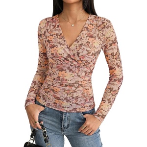 GRACE KARIN Womens Boho Mesh Tops Long Sleeve Blouses Dressy Casual | Wrap V Neck Floral Tops, Ruched Waist, 2026 Fall Fashion Clothes, Elegant Going Out Tops(Pink Brown)