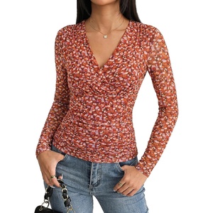 GRACE KARIN Womens Boho Mesh Tops Long Sleeve Blouses Dressy Casual | Wrap V Neck Floral Tops, Ruched Waist, 2026 Fall Fashion Clothes, Elegant Going Out Tops(Red Brown)