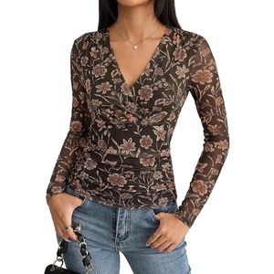GRACE KARIN Womens Boho Mesh Tops Long Sleeve Blouses Dressy Casual | Wrap V Neck Floral Tops, Ruched Waist, 2026 Fall Fashion Clothes, Elegant Going Out Tops(Dark Coffee)