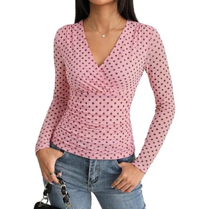 GRACE KARIN Womens Boho Mesh Tops Long Sleeve Blouses Dressy Casual | Wrap V Neck Floral Tops, Ruched Waist, 2026 Fall Fashion Clothes, Elegant Going Out Tops(Pink)