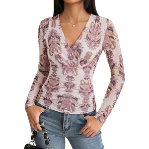 GRACE KARIN Womens Boho Mesh Tops Long Sleeve Blouses Dressy Casual | Wrap V Neck Floral Tops, Ruched Waist, 2026 Fall Fashion Clothes, Elegant Going Out Tops(Folk Floral)