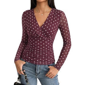 GRACE KARIN Womens Boho Mesh Tops Long Sleeve Blouses Dressy Casual | Wrap V Neck Floral Tops, Ruched Waist, 2026 Fall Fashion Clothes, Elegant Going Out Tops(Burgundy)