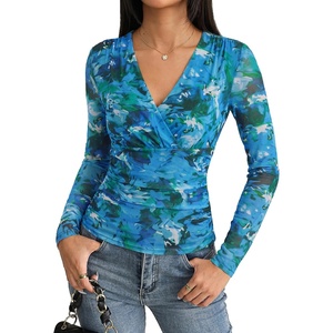 GRACE KARIN Womens Boho Mesh Tops Long Sleeve Blouses Dressy Casual | Wrap V Neck Floral Tops, Ruched Waist, 2026 Fall Fashion Clothes, Elegant Going Out Tops(Blue Green)