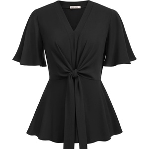GRACE KARIN Women’s Elegant V-Neck Tie Waist Flowy Peplum Shirt Tops | Flatters Pear & Curvy Figures, Soft Breathable All-day, True to size, Office to Weddings & Weekend Casuals(Black)