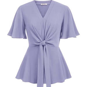 GRACE KARIN Women’s Elegant V-Neck Tie Waist Flowy Peplum Shirt Tops | Flatters Pear & Curvy Figures, Soft Breathable All-day, True to size, Office to Weddings & Weekend Casuals(Lilac)